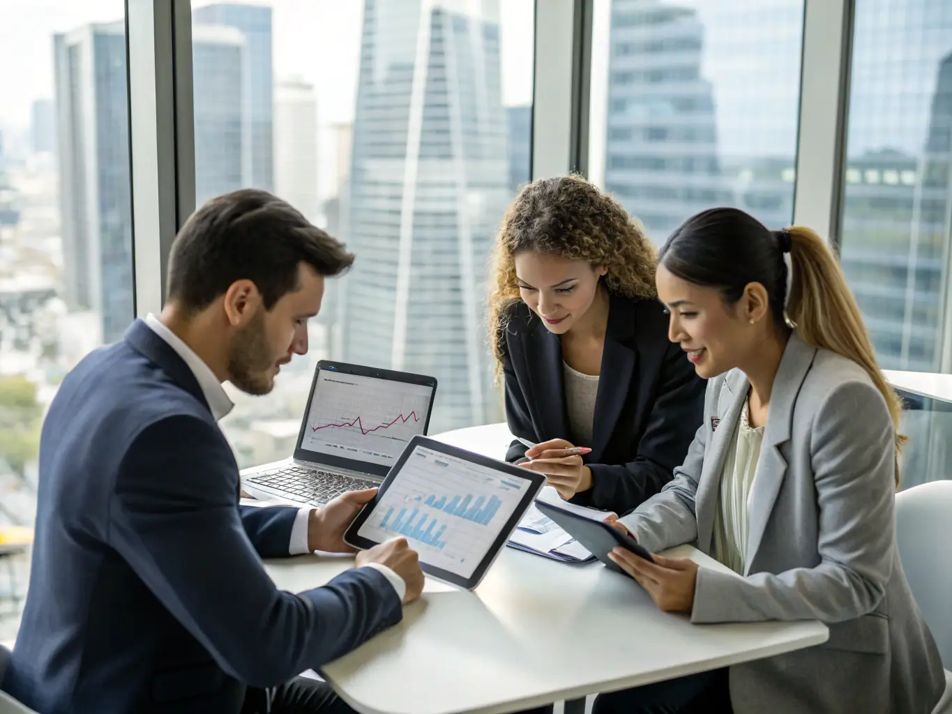 A professional workspace featuring a diverse team of financial analysts collaborating on investment strategies, with charts and data visualizations displayed on large monitors, reflecting a data-driven approach to investment management.