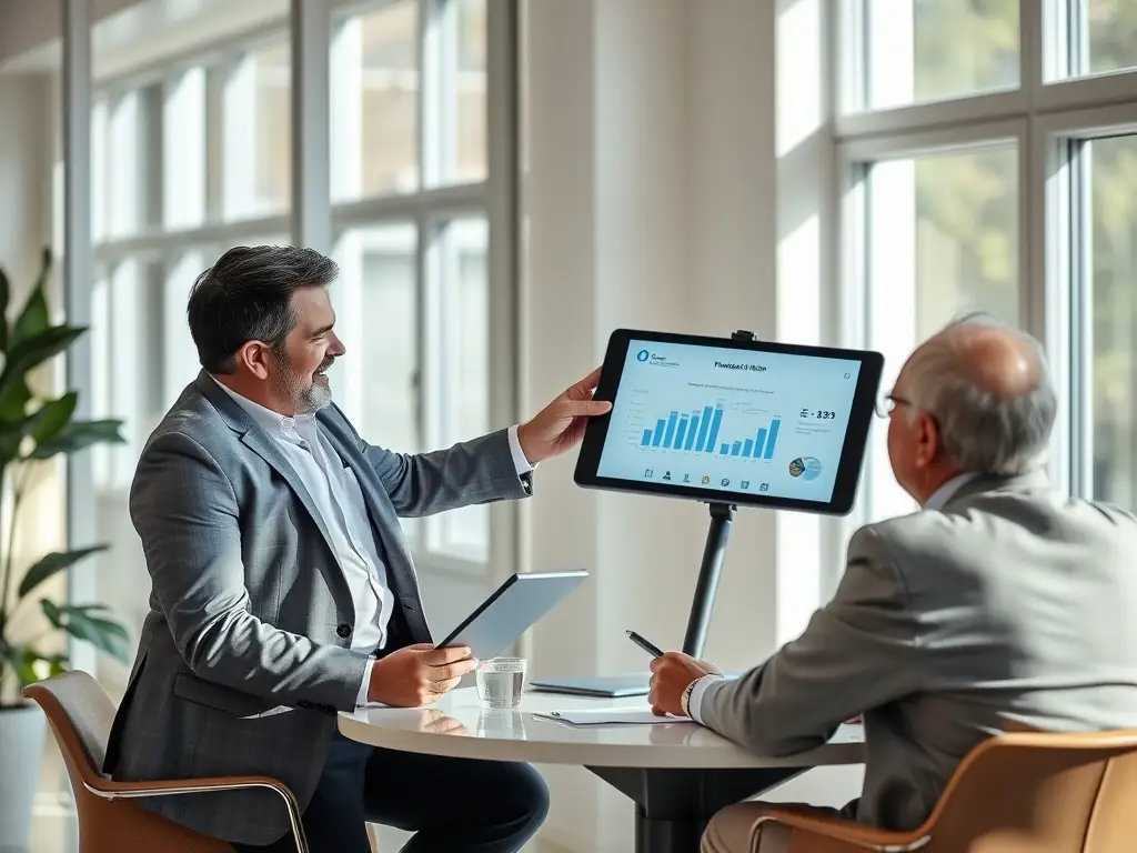 A professional financial advisor in a modern office setting, discussing investment options with a client, using charts and graphs to illustrate potential returns and risks.