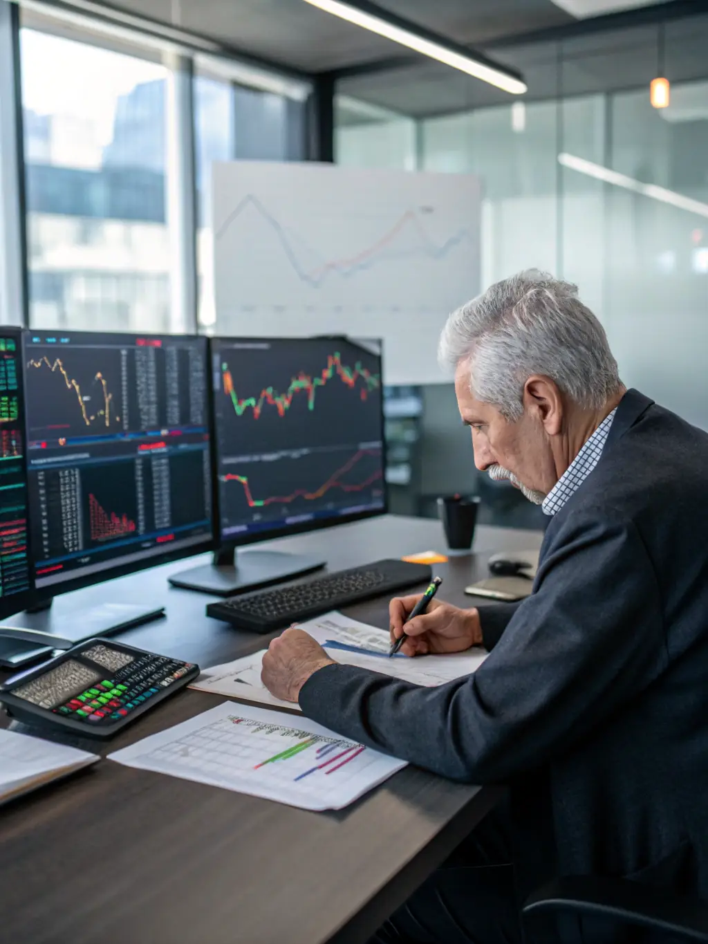 A professional investor carefully reviewing financial charts and data on a computer screen, with a focus on risk assessment and mitigation strategies.